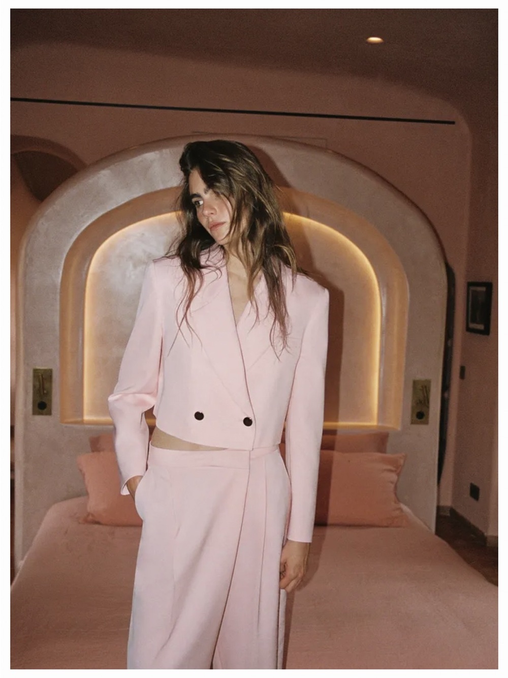 Cropped Double-Breasted shoulder pads Pink Women's Blazer